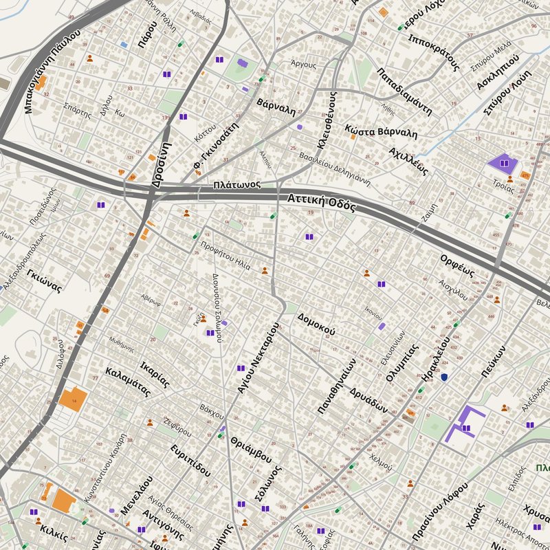 Acharnés map with house numbers, hospitals, police and fire stations — printable PDF, Greece