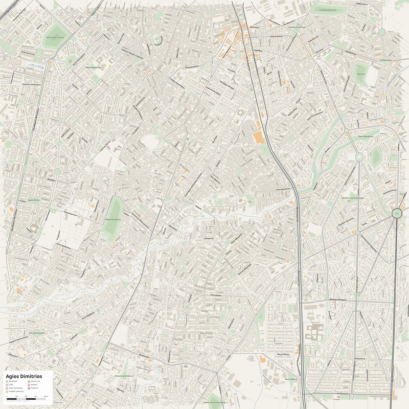 Agios Dimitrios Map PDF — Printable Street Map Poster with House Numbers