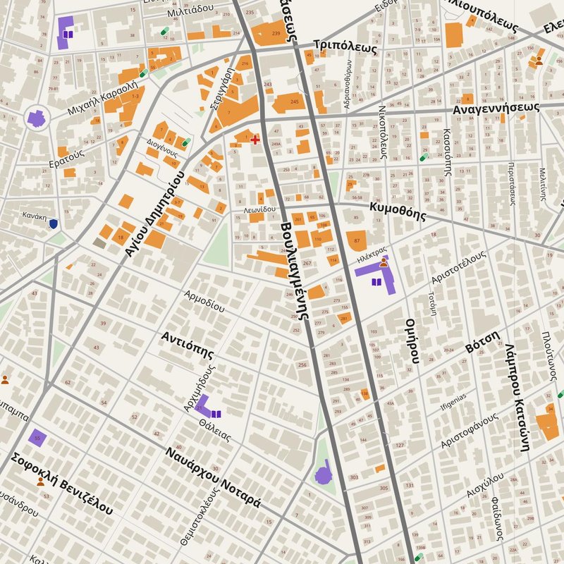 Agios Dimitrios map with house numbers, hospitals, police and fire stations — printable PDF, Greece