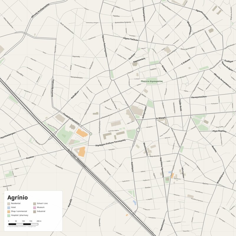 Agrínio Map PDF — Printable Street Map Poster with House Numbers