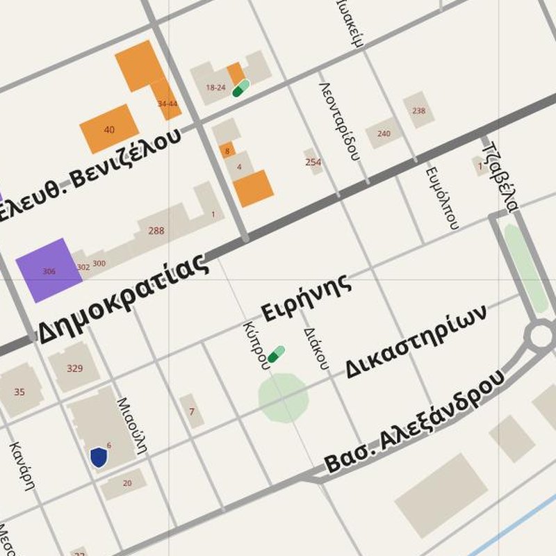 Alexandroupoli map with house numbers, hospitals, police and fire stations — printable PDF, Greece