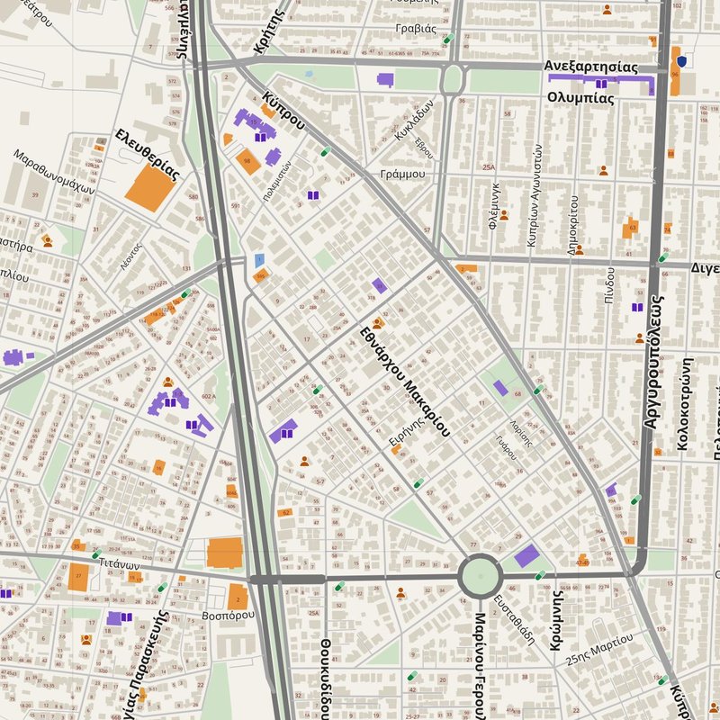 Argyroúpoli map with house numbers, hospitals, police and fire stations — printable PDF, Greece