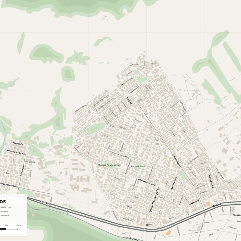 Asprópyrgos Map PDF — Printable Street Map Poster with House Numbers