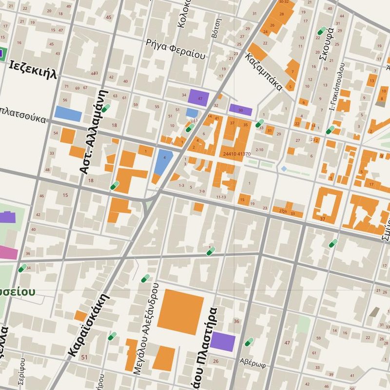 Kardítsa map with house numbers, hospitals, police and fire stations — printable PDF, Greece