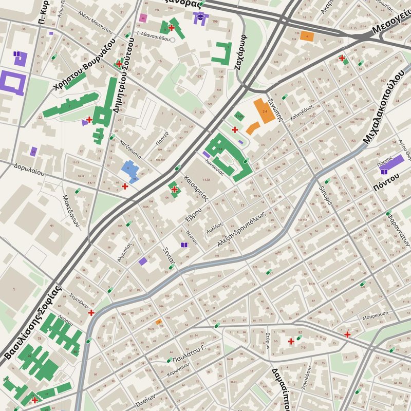 Zográfos map with house numbers, hospitals, police and fire stations — printable PDF, Greece