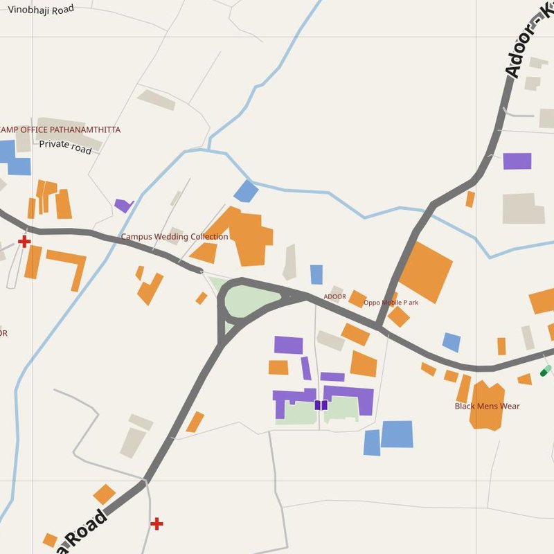 Adūr map with house numbers, hospitals, police and fire stations — printable PDF, India