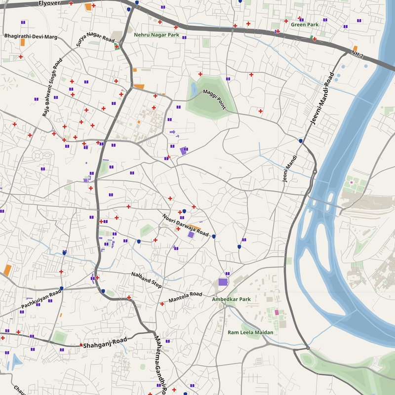 Agra map with house numbers, hospitals, police and fire stations — printable PDF, India