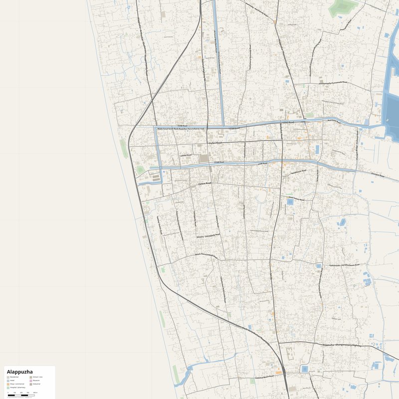 Alappuzha Map PDF — Printable Street Map Poster with House Numbers