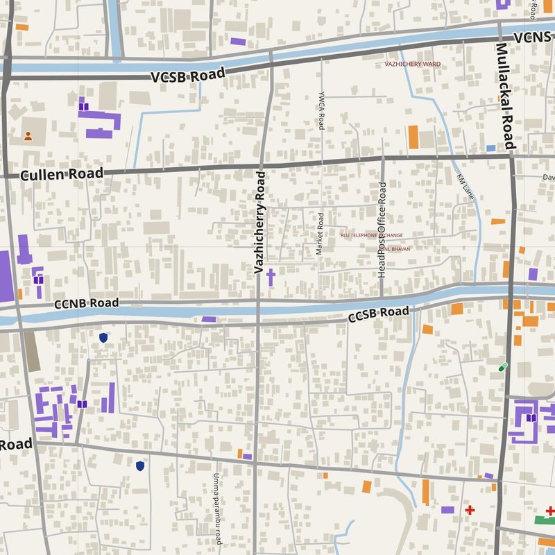 Alappuzha map with house numbers, hospitals, police and fire stations — printable PDF, India