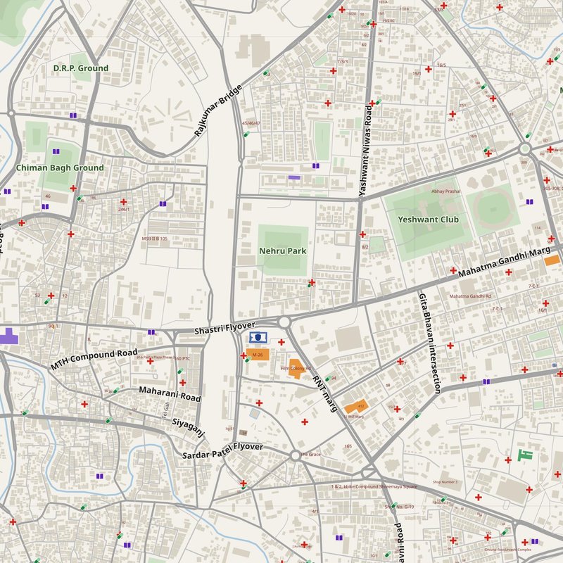 Indore map with house numbers, hospitals, police and fire stations — printable PDF, India