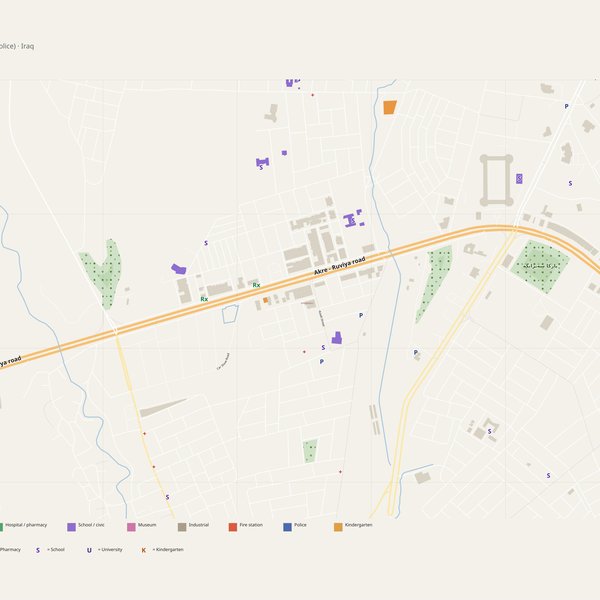 'Ākra map with house numbers, hospitals, police and fire stations — printable PDF, Iraq