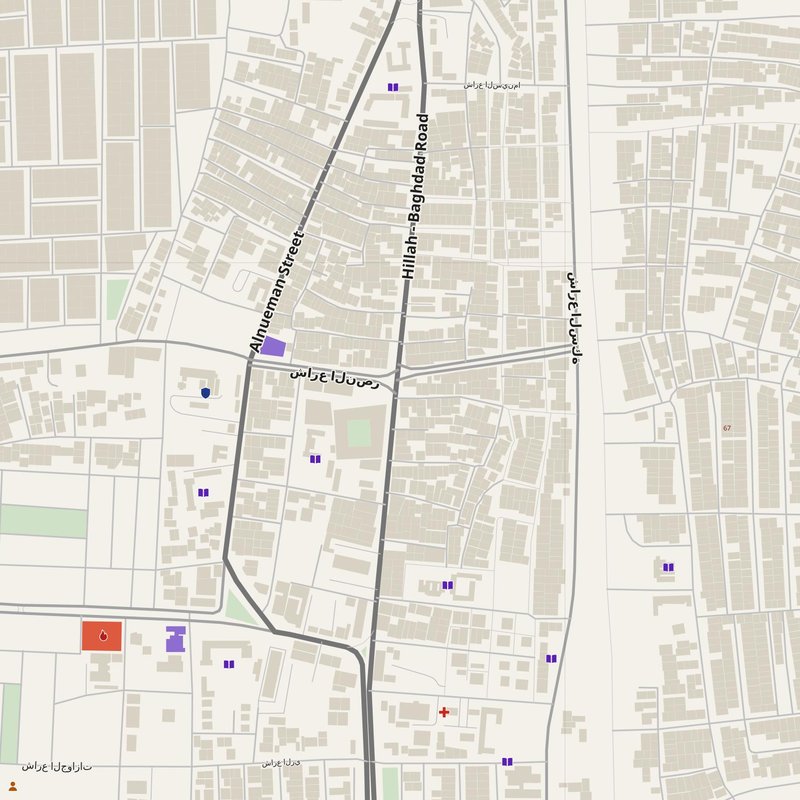 Al Maḩmūdīyah map with house numbers, hospitals, police and fire stations — printable PDF, Iraq