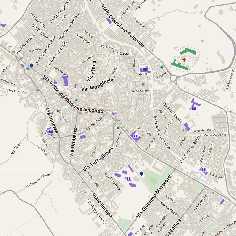 Adrano map with house numbers, hospitals, police and fire stations — printable PDF, Italy