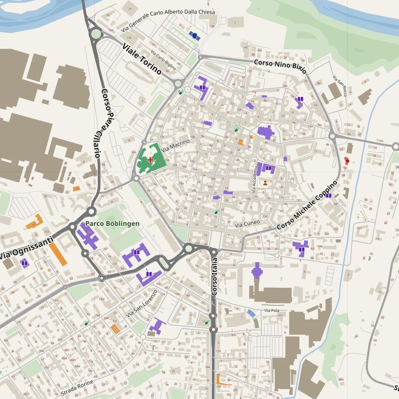 Alba map with house numbers, hospitals, police and fire stations — printable PDF, Italy