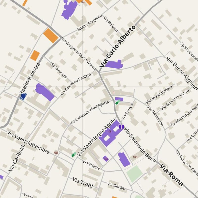 Mappa di Alessandria con numeri civici, ospedali, polizia e vigili del fuoco — PDF stampabile, Italia