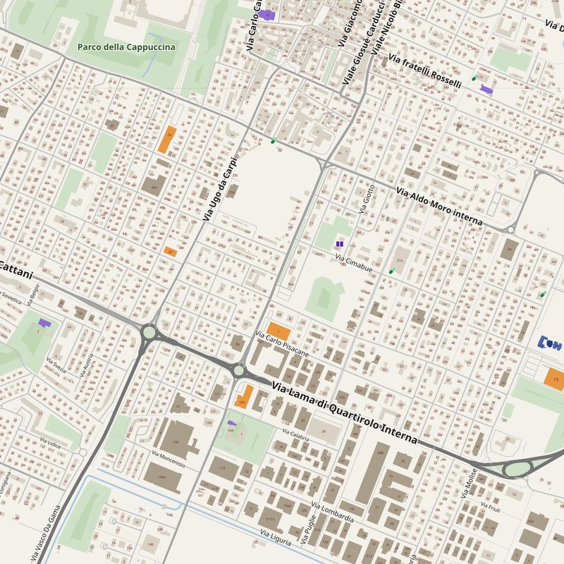 Carpi map with house numbers, hospitals, police and fire stations — printable PDF, Italy