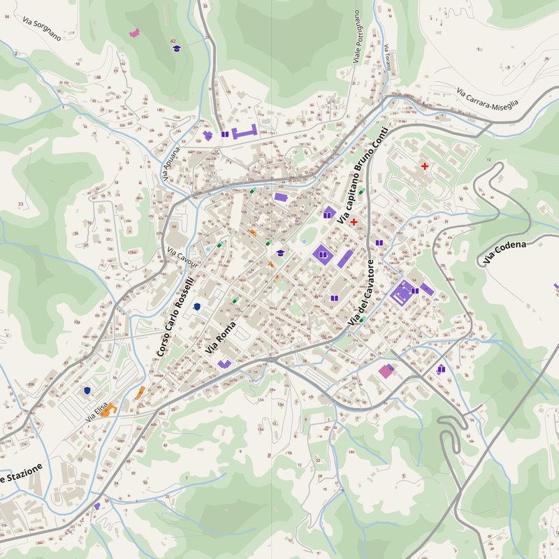 Carrara map with house numbers, hospitals, police and fire stations — printable PDF, Italy