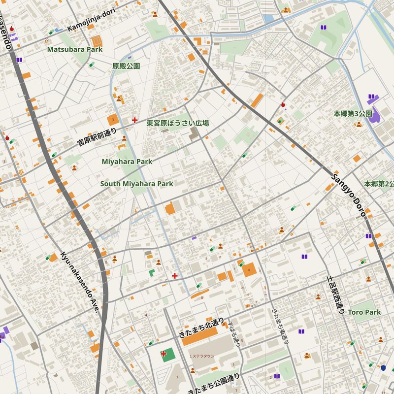 Ageo map with house numbers, hospitals, police and fire stations — printable PDF, Japan