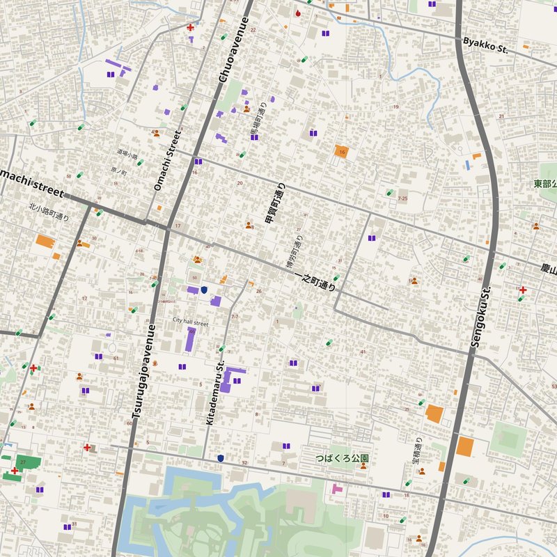 Aizu-Wakamatsu map with house numbers, hospitals, police and fire stations — printable PDF, Japan