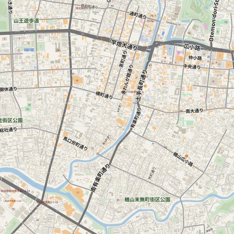 番地入り Akita ストリートマップ — 印刷用住所地図PDF、日本