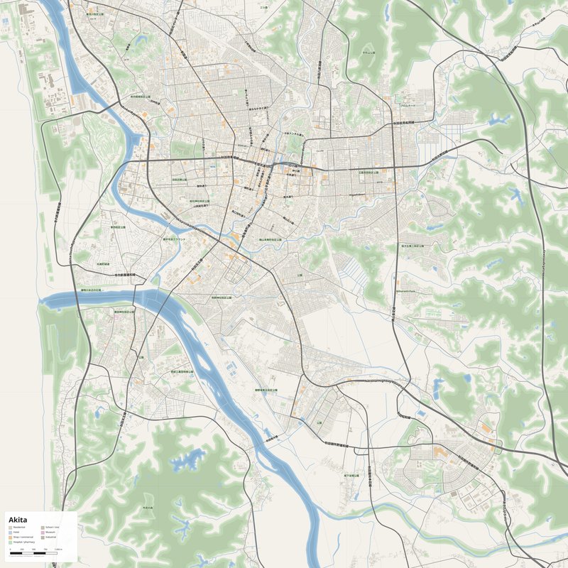 Akita 地図 PDF — 番地入り印刷用ストリートマップ