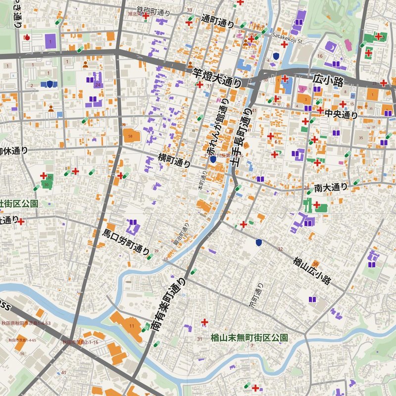 番地・病院・警察・消防署入り Akita 地図 — 印刷用PDF、日本