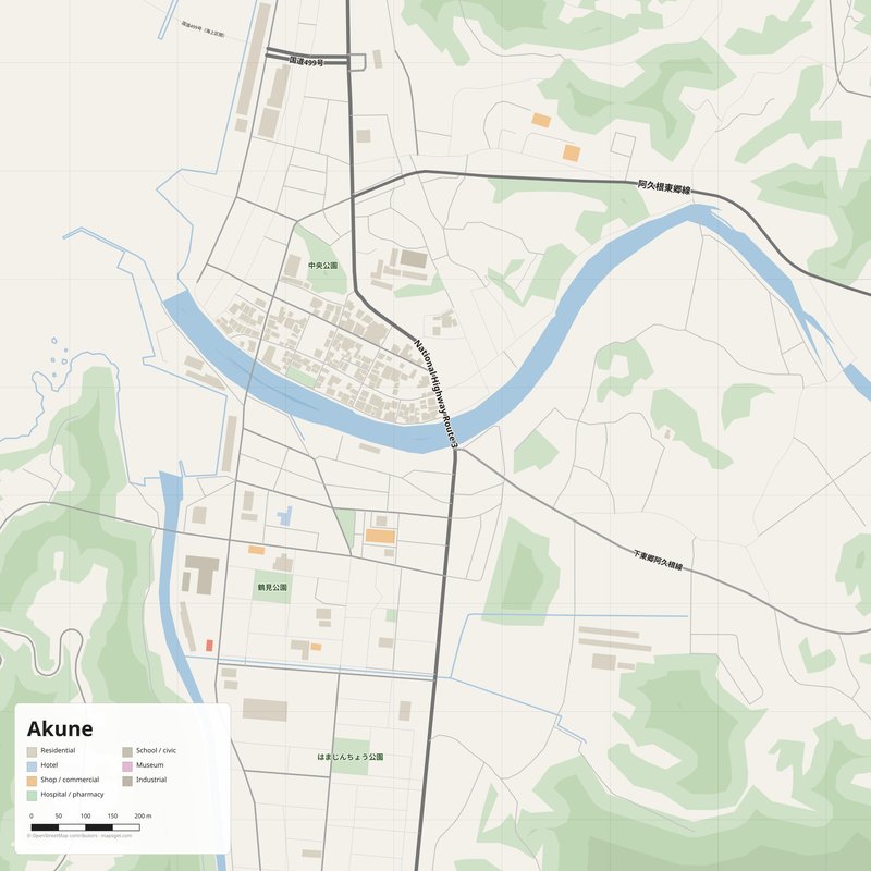 Akune 地図 PDF — 番地入り印刷用ストリートマップ