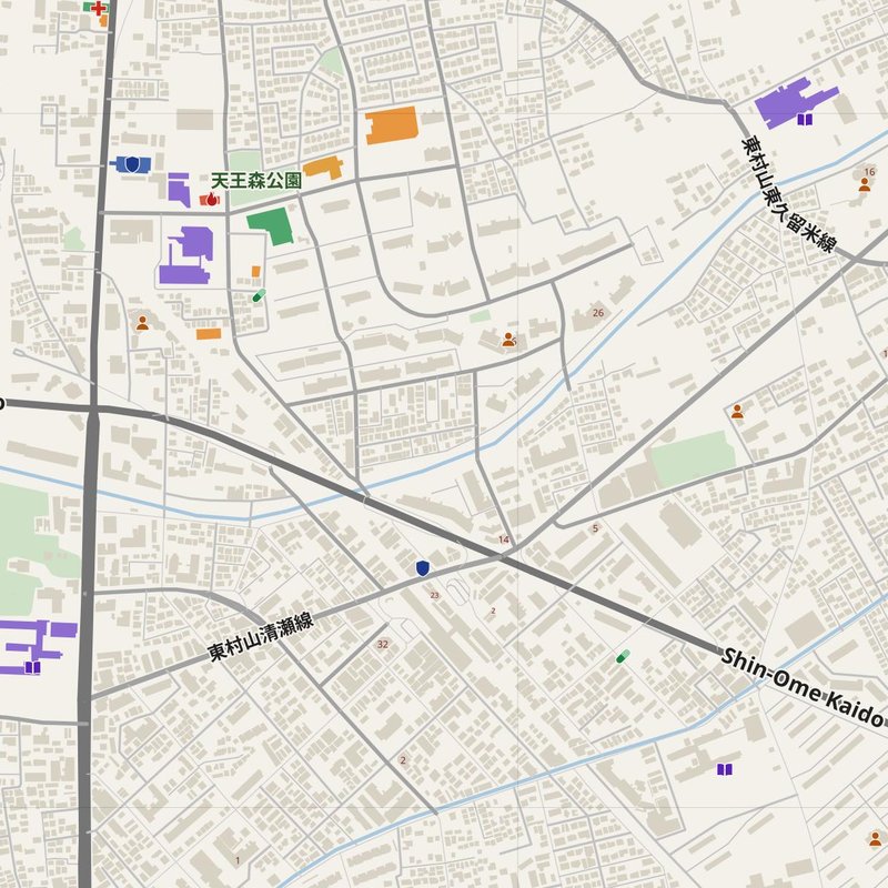 Higashimurayama map with house numbers, hospitals, police and fire stations — printable PDF, Japan
