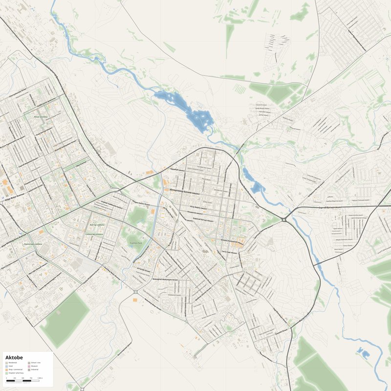 Aktobe Map PDF — Printable Street Map Poster with House Numbers
