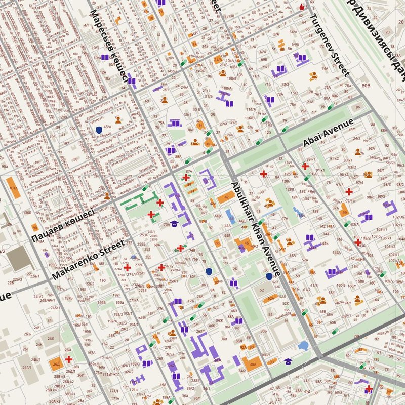 Aktobe map with house numbers, hospitals, police and fire stations — printable PDF, Kazakhstan
