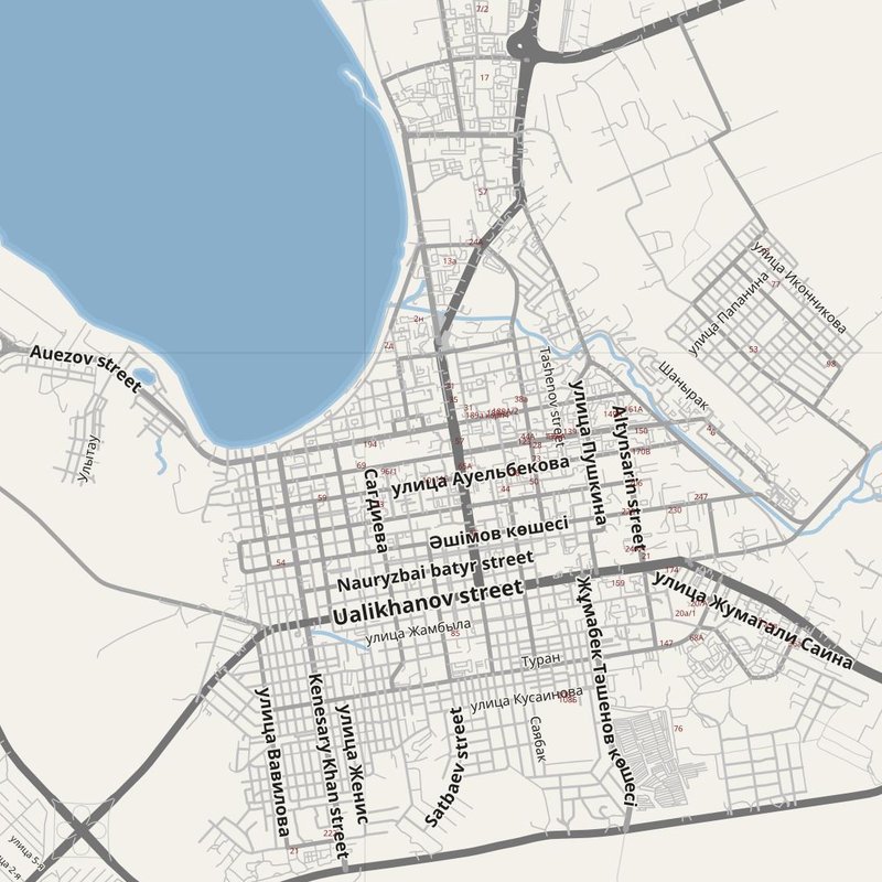 Kokshetau street map with house numbers — printable address map PDF, Kazakhstan