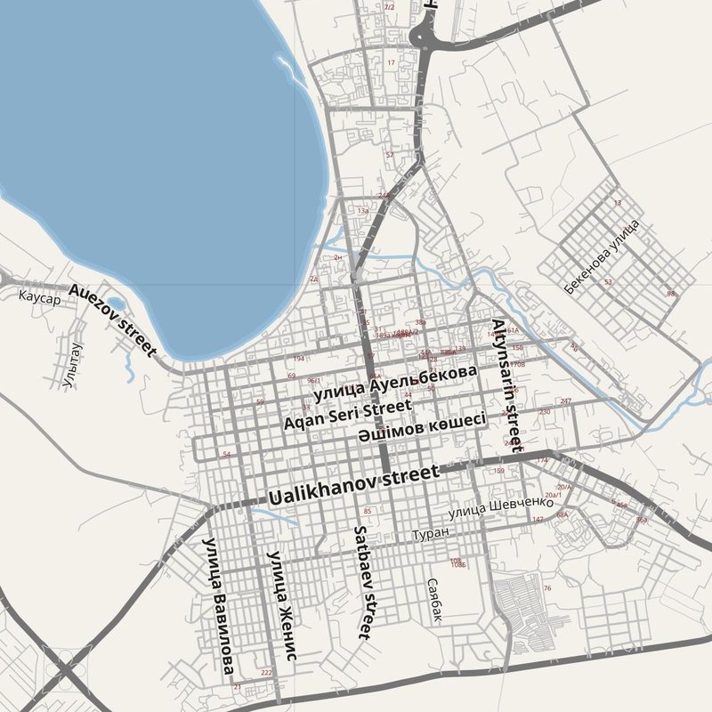 Kokshetau map with house numbers, hospitals, police and fire stations — printable PDF, Kazakhstan