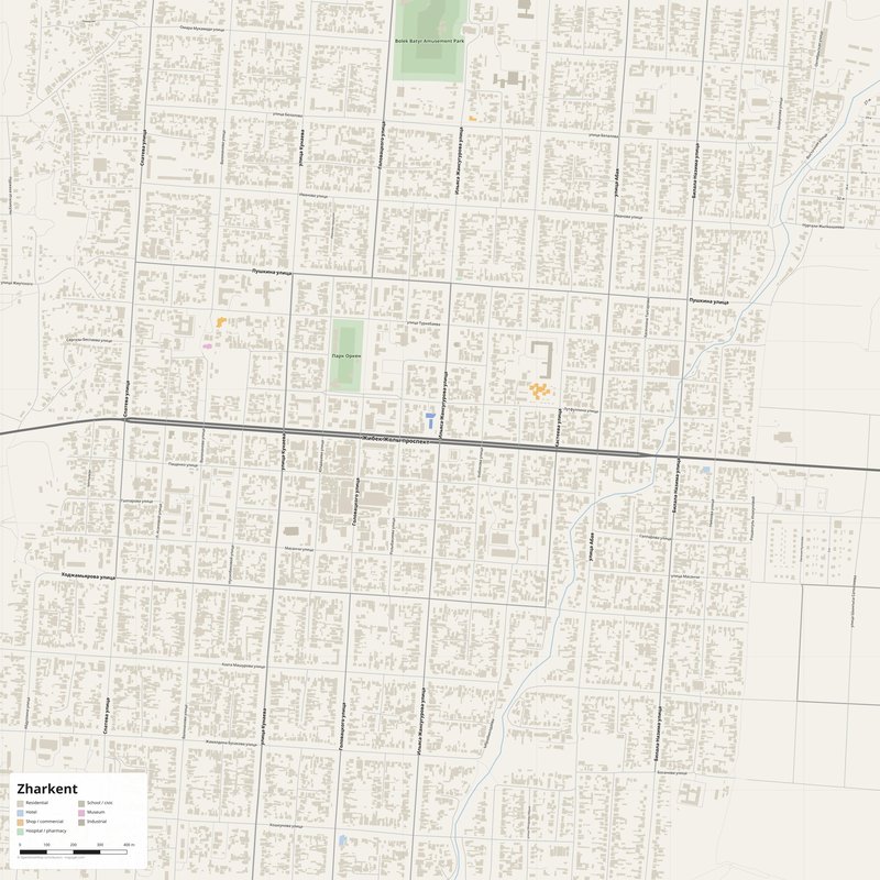 Zharkent Map PDF — Printable Street Map Poster with House Numbers