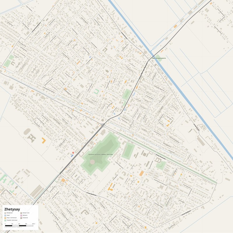 Zhetysay Map PDF — Printable Street Map Poster with House Numbers