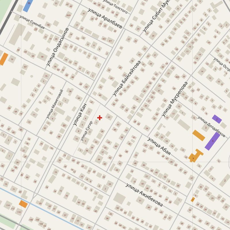 Zhetysay map with house numbers, hospitals, police and fire stations — printable PDF, Kazakhstan