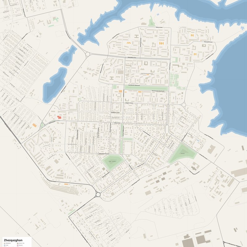 Zhezqazghan Map PDF — Printable Street Map Poster with House Numbers