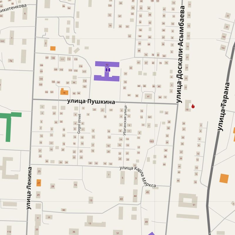 Zhitikara map with house numbers, hospitals, police and fire stations — printable PDF, Kazakhstan