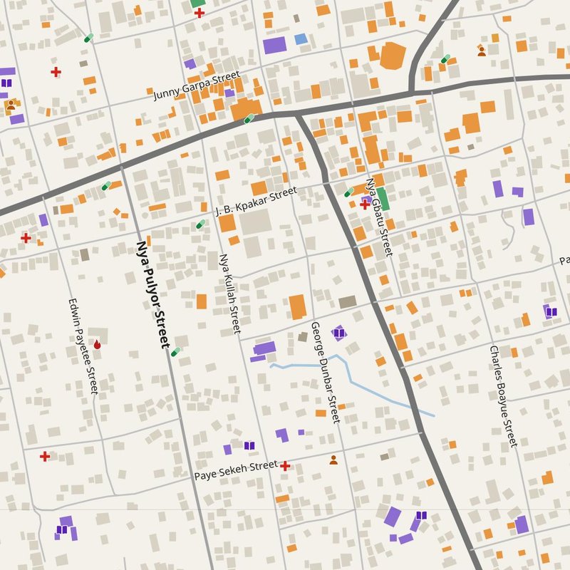 Ganta map with house numbers, hospitals, police and fire stations — printable PDF, Liberia