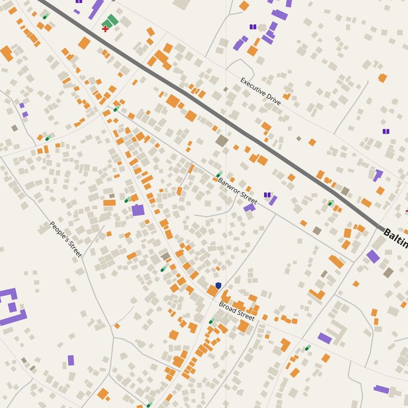Gbarnga map with house numbers, hospitals, police and fire stations — printable PDF, Liberia