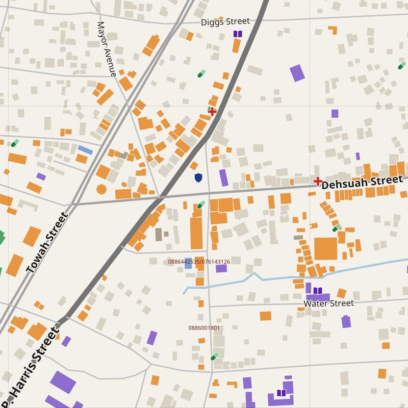 Zwedru map with house numbers, hospitals, police and fire stations — printable PDF, Liberia