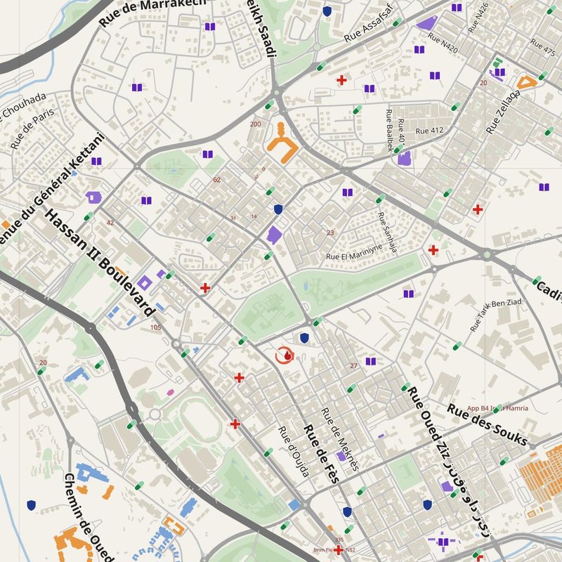 Agadir map with house numbers, hospitals, police and fire stations — printable PDF, Morocco