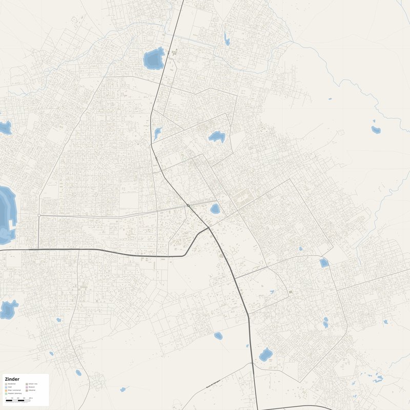Zinder Map PDF — Printable Street Map Poster with House Numbers