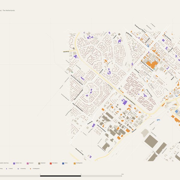 Aalsmeer map with house numbers, hospitals, police and fire stations — printable PDF, Netherlands