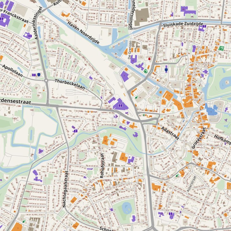 Almelo map with house numbers, hospitals, police and fire stations — printable PDF, Netherlands