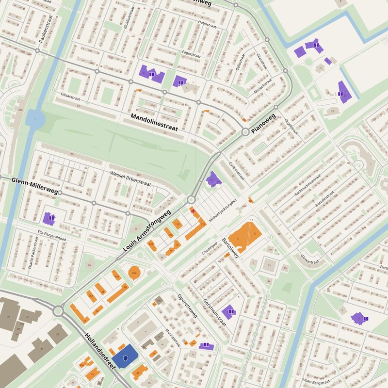 Almere Stad map with house numbers, hospitals, police and fire stations — printable PDF, Netherlands