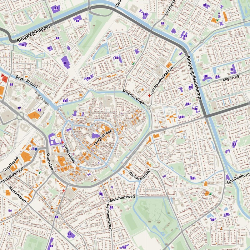 Amersfoort map with house numbers, hospitals, police and fire stations — printable PDF, Netherlands