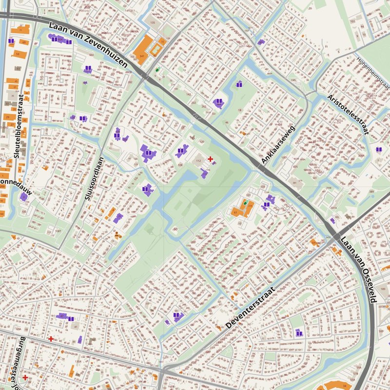 Apeldoorn map with house numbers, hospitals, police and fire stations — printable PDF, Netherlands