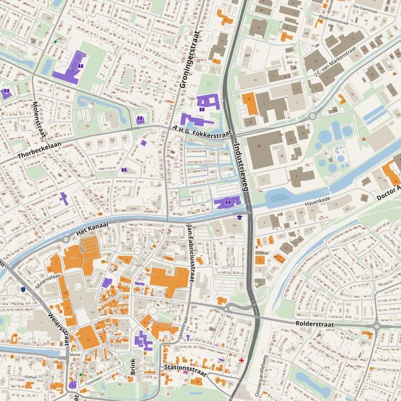 Assen map with house numbers, hospitals, police and fire stations — printable PDF, Netherlands