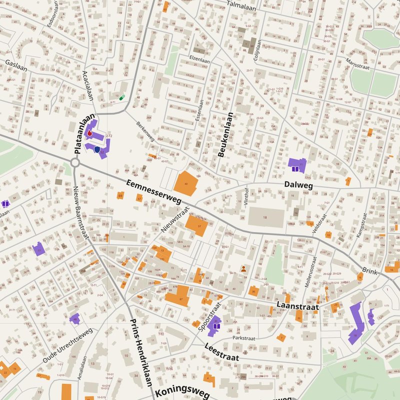 Baarn map with house numbers, hospitals, police and fire stations — printable PDF, Netherlands