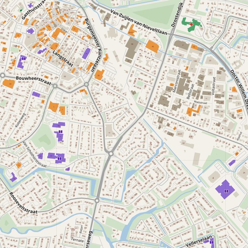 Barneveld map with house numbers, hospitals, police and fire stations — printable PDF, Netherlands